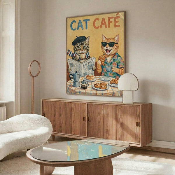 May include: Vintage-style poster showing two anthropomorphic cats at a breakfast table - one tabby in beret reading newspaper, one orange cat in sunglasses and Hawaiian shirt holding coffee cup. Yellow background with "CAT CAFÉ" text in blue and red letters. Framed artwork displayed above mid-century modern walnut credenza in bright living room with white curved chair, glass coffee table, and natural lighting.