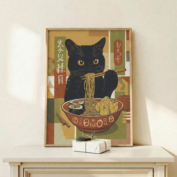 May include: Framed poster print displayed on light wood shelf against white wall, showing black cat with golden eyes eating ramen noodles from decorative bowl with chopsticks, Japanese text and geometric patchwork background in earth tones, small wrapped gift box with greenery sits beside frame