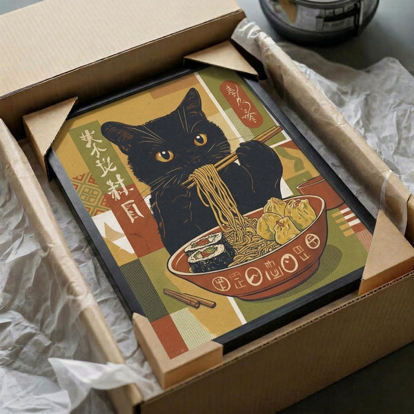 May include: Framed poster print featuring a black cat with golden eyes eating ramen noodles from a red bowl, depicted in vintage Japanese advertising style with warm earth tones and Japanese text. Print shown in black frame inside cardboard shipping box with protective tissue paper wrapping.