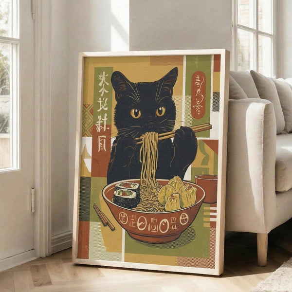 May include: Framed poster print leaning against white wall in bright living room with beige sofa. Artwork shows black cat with golden eyes using chopsticks to eat ramen noodles from decorative bowl with sushi and dumplings. Japanese-inspired illustration features warm earth tones, geometric patterns, and Asian text characters in vintage poster style.