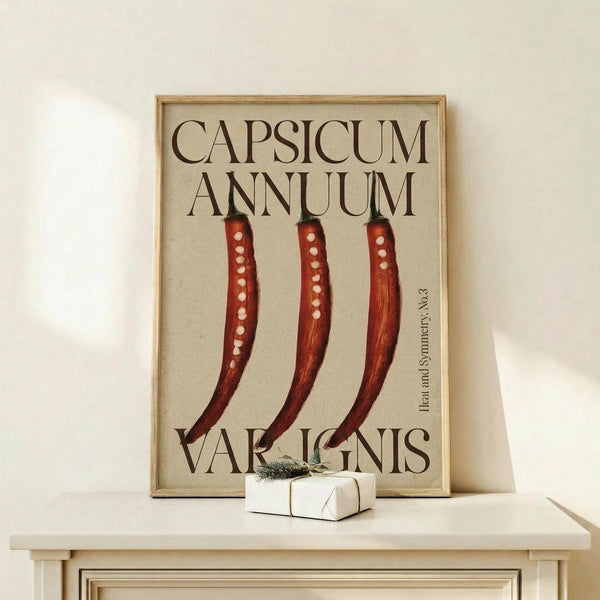 May include: Vintage-style botanical poster in light wood frame showing three red chili peppers with white dots and text "CAPSICUM ANNUUM" and "VAR IGNIS" on cream background. Frame sits on white wooden surface next to small wrapped gift with green sprig against white wall.