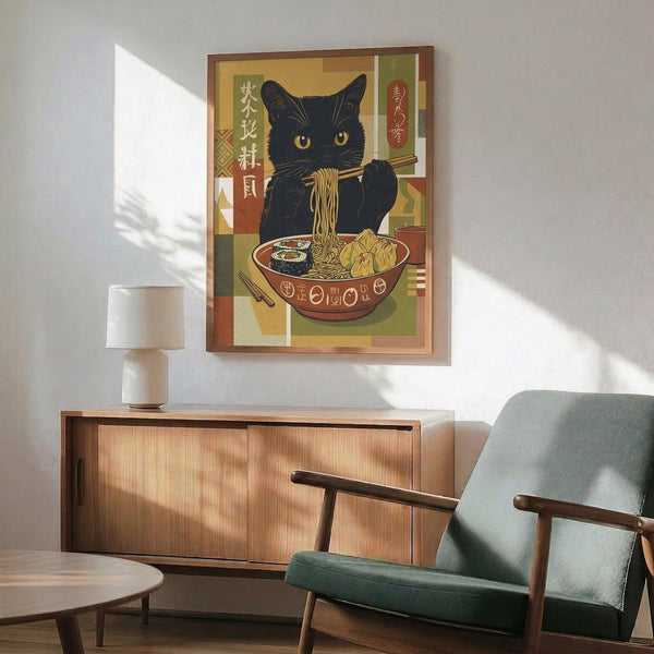 May include: Framed poster print displayed above wooden credenza featuring black cat with yellow eyes eating from ramen bowl with chopsticks, Japanese-inspired design with geometric patterns in warm earth tones including green, gold, and rust colors, shown in modern living room with mint green mid-century chair and small table lamp