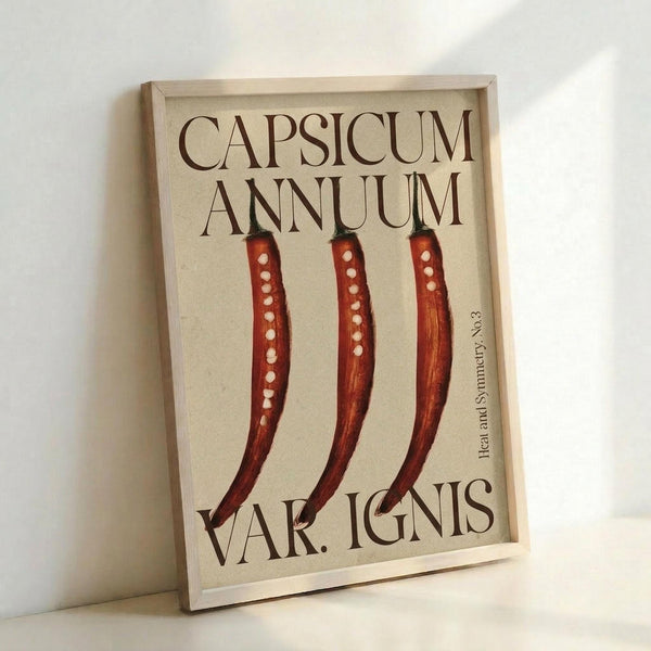 May include: Framed botanical print leaning against white wall showing three red chili peppers with white dots arranged vertically on cream background. Text reads "Capsicum Annuum" at top and "Var. Ignis" at bottom in brown lettering. Light wood frame with natural grain visible. Print appears medium-sized with vintage scientific illustration style against neutral backdrop with soft natural lighting.