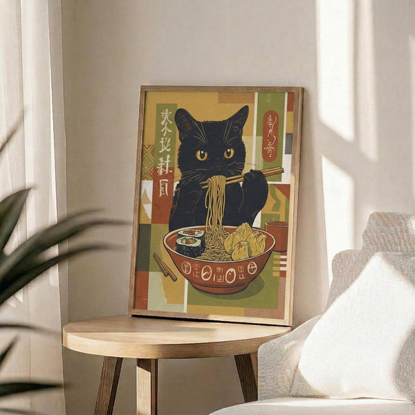 May include: Framed poster print featuring a black cat with golden eyes eating ramen noodles with chopsticks, surrounded by Japanese text and geometric patterns in warm yellow, green, and orange tones. The artwork is displayed on a light wood round side table next to a beige upholstered chair, with natural sunlight streaming across white walls and a potted plant visible in the corner.