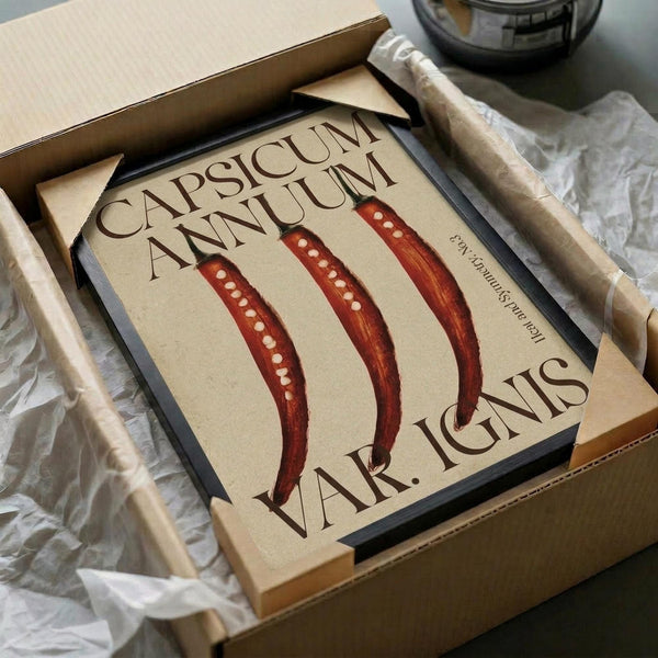 May include: Vintage-style botanical poster featuring three red chili peppers with white spots, displayed in black frame inside brown cardboard shipping box with white tissue paper. Warm cream background with brown serif text. Box sits on white surface with wrapped items nearby.