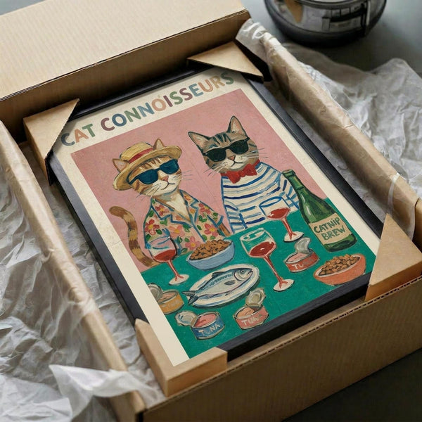 May include: Framed vintage-style illustration showing two anthropomorphic cats wearing sunglasses and casual clothing seated at a dining table with wine glasses, fish, and various gourmet foods. The artwork features warm pink and teal colors in a retro poster style. Frame appears black, positioned in opened cardboard shipping box with white tissue paper and wooden handles visible alongside.