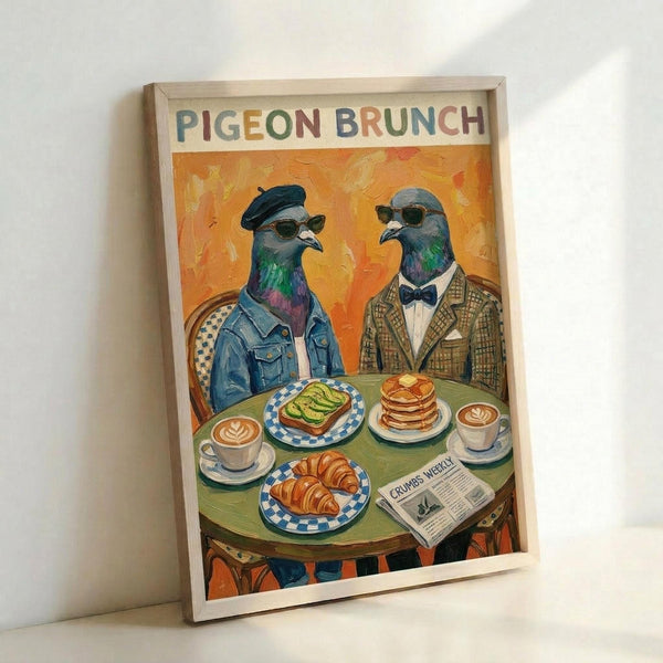 May include: Framed poster print leaning against white wall showing two anthropomorphic pigeons in human clothing sitting at green cafe table. Left pigeon wears denim jacket and beret, right pigeon in tweed suit with bow tie and sunglasses. Table displays avocado toast, pancakes, croissant, coffee cups with latte art, and newspaper. Warm orange painted background, vintage illustration style in light wood frame.