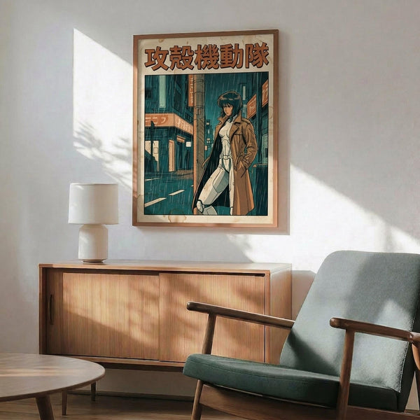May include: Framed anime poster featuring a female character with dark hair in a brown coat standing in a rainy cyberpunk city street scene with teal and orange lighting. The artwork is displayed above a wooden sideboard with white ceramic lamp in a modern living room with mint green upholstered chair and round wooden coffee table. Warm sunlight casts geometric shadows across white walls.