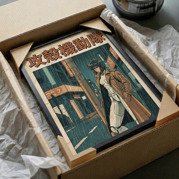 May include: Framed anime-style poster showing a woman with dark hair in a tan coat standing in rain outside a neon-lit building, with Japanese text at top. The vintage-toned print is displayed in a black frame, carefully packaged in a cardboard box with white protective wrapping. The artwork features teal and orange color tones with a cyberpunk aesthetic.