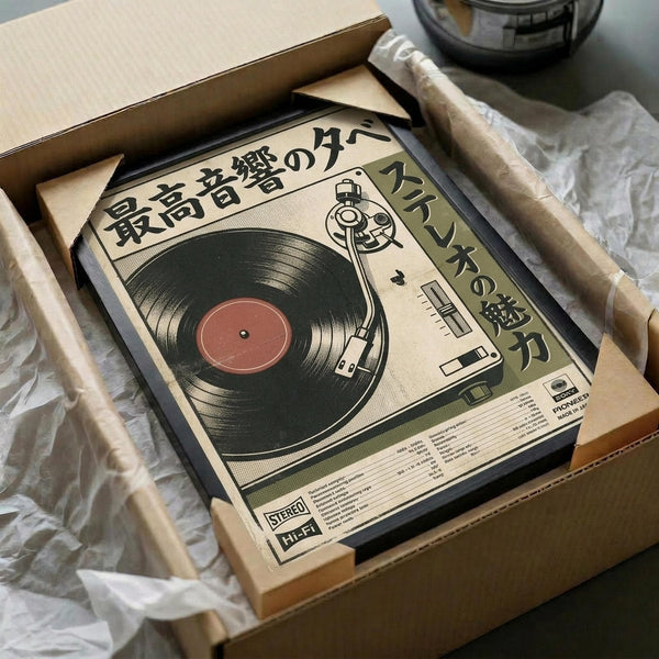 May include: Vintage-style poster print featuring a turntable with vinyl record in cream, black and muted green tones with Japanese text, displayed in black frame inside cardboard shipping box with protective tissue paper wrapping
