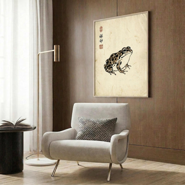 May include: Japanese-inspired ink wash style frog artwork displayed in modern room setting with beige armchair, geometric pillow, brass floor lamp, and wood paneled wall. The cream-colored poster shows a spotted frog with Asian calligraphy and red seal stamps, framed and hung above contemporary furniture on warm wood flooring.