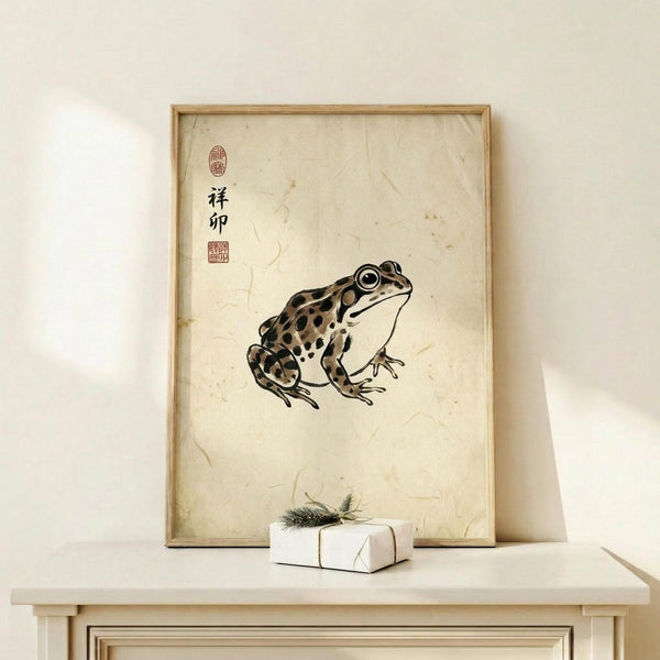 May include: Framed traditional Japanese ink wash artwork featuring a spotted brown and beige frog with detailed eyes, positioned on cream-colored aged paper with red seal stamps and black calligraphy characters in upper left corner. Natural wood frame sits on light wooden shelf next to small white wrapped gift with evergreen sprig against neutral wall.