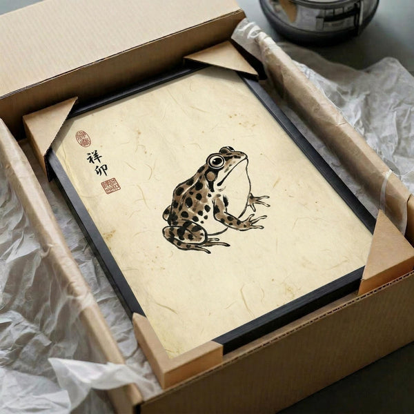 May include: A framed frog artwork in traditional Japanese ink wash style, featuring a spotted brown and tan frog with large eyes on aged cream paper. The piece sits in a black frame within an open cardboard shipping box surrounded by white tissue paper and wooden packaging tubes. Red Chinese characters and stamps appear in the upper left corner. The vintage-style paper shows natural aging and texture.