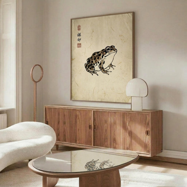 May include: Traditional Japanese ink wash painting of a spotted brown and black frog on aged cream paper with red seal stamps, displayed in thin wooden frame above walnut mid-century credenza. Modern white sculptural chair and glass-top oval coffee table with wood base complete the minimalist room scene with neutral walls and natural lighting.