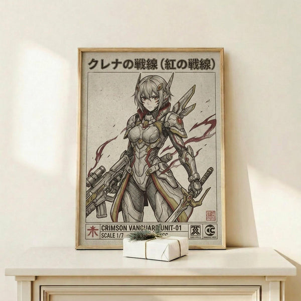 May include: Framed anime-style poster featuring an armored female character with horns and weapons in manga art style, displayed on light wood shelf with small white gift box. Poster shows Japanese text at top and "CRIMSON VANGUARD UNIT-01" at bottom in military-inspired design with vintage beige tones and red accents.