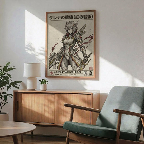 May include: Framed anime-style poster featuring an armored female warrior character with short blonde hair, holding weapons including a rifle and sword. The artwork has Japanese text at top and military-style designation at bottom. Shown in modern living room setting with mid-century wooden furniture, sage green upholstered chair, small potted plants, white table lamp, and natural sunlight casting shadows on white walls.