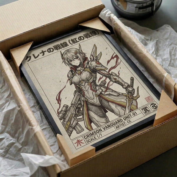 May include: Framed anime-style poster featuring an armored female character with short light hair holding a large mechanical weapon. The artwork has a vintage beige background with Japanese text at the top and English text at bottom reading "Crimson Vanguard Unit-01" and "Scale 1/7". Black frame sits in opened cardboard shipping box with brown paper packaging materials on wooden surface next to dark glass container.