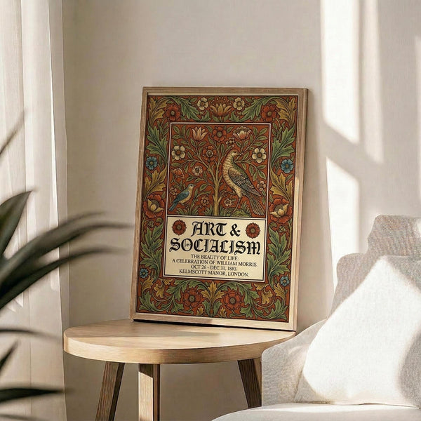 May include: Ornate vintage poster with intricate floral and bird motifs in rich reds, greens, and golds, featuring decorative border patterns and central text panel reading "ART & SOCIALISM" with exhibition details. Displayed in thin wooden frame on round wooden side table next to beige upholstered chair, with plant leaves casting soft shadows on cream wall in bright natural lighting.