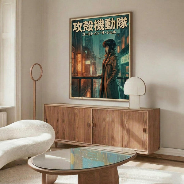 May include: Framed anime poster featuring a character in brown jacket standing by window overlooking neon-lit cityscape, displayed above mid-century walnut credenza in modern living room with white curved chair, glass coffee table, and minimalist decor
