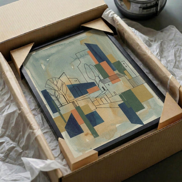 May include: Framed abstract architectural artwork in muted blue, green, orange and beige tones featuring geometric buildings and industrial structures in cubist style, carefully packed in brown cardboard box with protective tissue paper wrapping and wooden corner guards