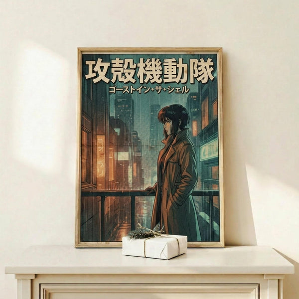 May include: Framed anime-style poster showing a dark-haired character in brown coat standing on balcony overlooking neon-lit cityscape at night. Japanese text at top in cream lettering. Warm wooden frame displayed on light wood shelf with small wrapped white gift box. Minimalist room setting with white walls and soft natural lighting.