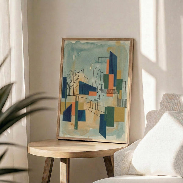 May include: Abstract modernist artwork in wooden frame displayed on round wooden side table next to beige upholstered chair. The print features geometric buildings in blue, orange, yellow and green watercolor tones with stylized trees against a soft turquoise sky. Natural sunlight streams across the neutral-toned room setting with plant shadows visible.