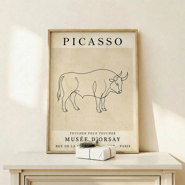 May include: Minimalist line drawing of a bull in black ink on cream-colored paper, displayed in a thin wooden frame. The artwork features simple, continuous lines forming the bull's silhouette with "PICASSO" text at top and "MUSÉE D'ORSAY" museum information below. Frame sits on a light wood shelf against white wall, with small wrapped gift box nearby creating a neutral, modern interior setting.