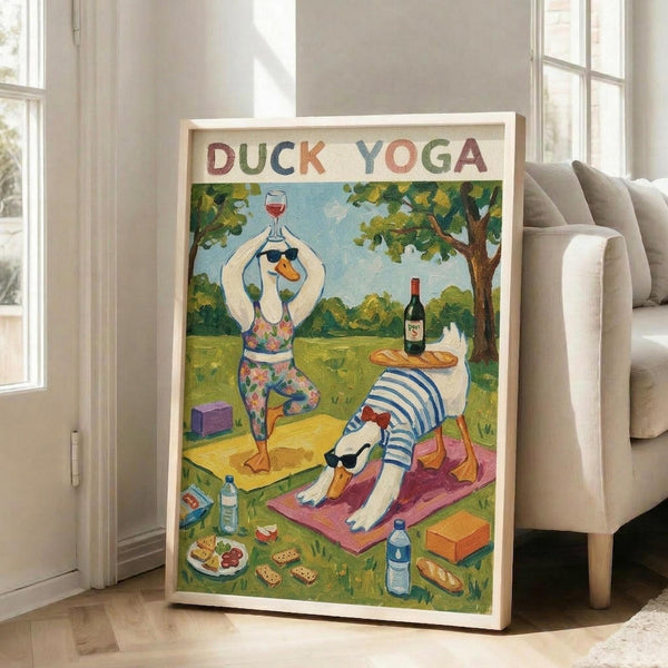 May include: Framed poster print leaning against beige armchair in bright living room with white walls and large windows. Colorful illustrated artwork shows two ducks doing yoga poses outdoors - one balancing with wine glass raised overhead, another in downward dog position. Scene includes yoga mats, wine bottle, baguettes, snacks scattered on grass under trees. Warm natural lighting creates soft shadows on hardwood floors.
