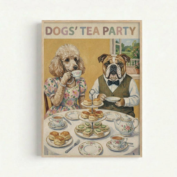 Whimsical vintage-style illustration showing two anthropomorphized dogs having an elegant tea party. A poodle in a floral dress and pearl necklace sits beside a bulldog wearing a green vest and bow tie. They're seated at a white table set with fine china teacups, tiered serving stands with scones and cucumber sandwiches, and a floral teapot. The artwork has warm golden tones and is displayed in a light wooden frame against a white wall.