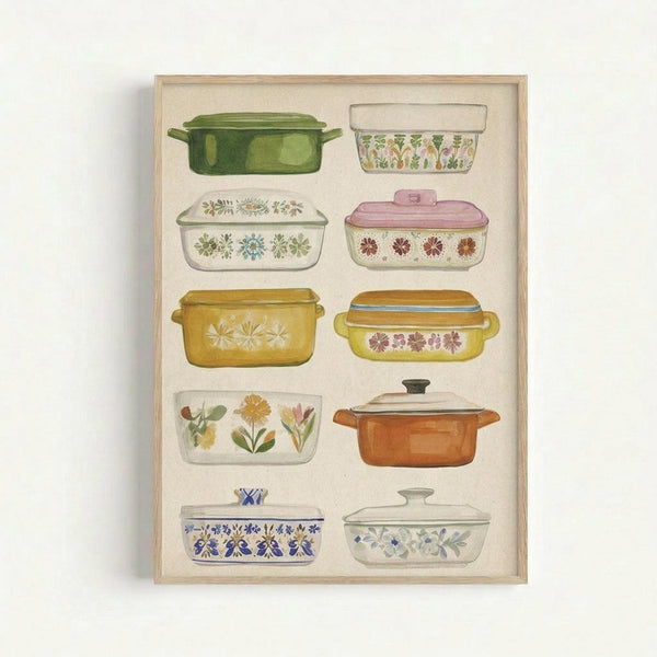 Watercolor illustration of ten vintage casserole dishes arranged in five rows within a light wood frame. The collection features colorful ceramic baking dishes with floral patterns including green, yellow, orange, pink, and blue pieces. Each dish displays different decorative motifs like daisies, geometric flowers, and botanical designs. The artwork is displayed against a cream background with soft shadowing.