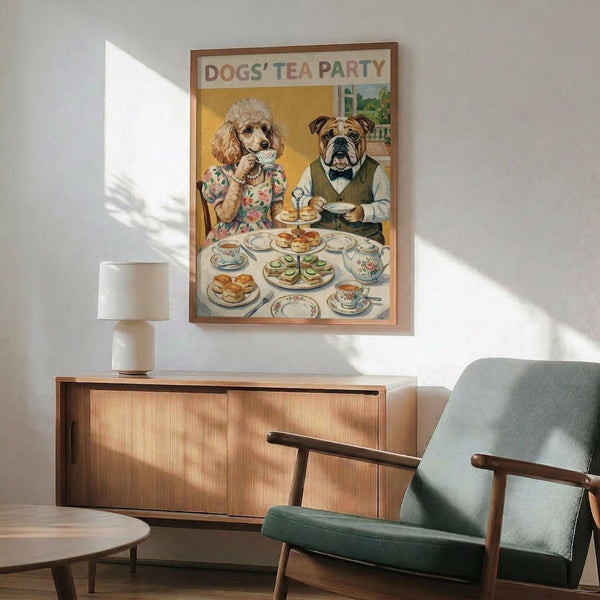May include: Whimsical illustration poster showing two anthropomorphic dogs having tea - a poodle in floral dress and bulldog in vest - seated at table with fine china, pastries, and tiered serving stand. Artwork displayed in thin wooden frame above mid-century modern walnut credenza with white ceramic lamp, next to mint green upholstered armchair with wooden arms. Warm natural lighting creates geometric shadows on white wall.