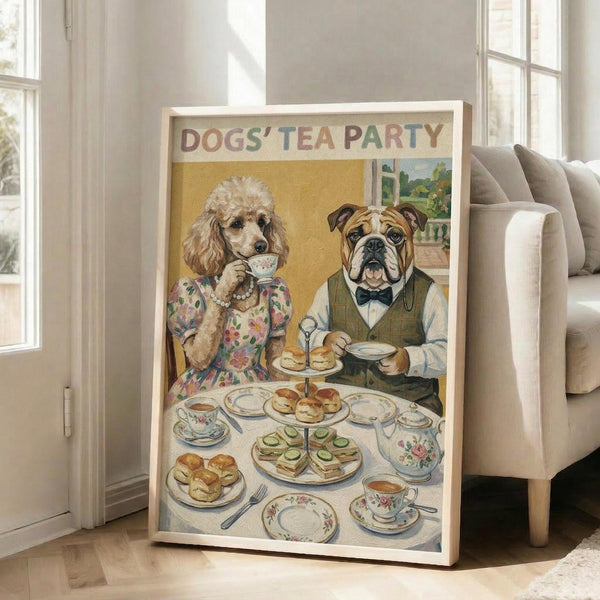 May include: Framed poster print leaning against white wall next to beige armchair in bright room with large windows. Artwork shows two anthropomorphic dogs having tea - a poodle in floral dress with pearl necklace holding teacup, and bulldog in green vest with bow tie. Table set with tiered serving stand, sandwiches, pastries, and floral china tea service. Colorful "DOGS' TEA PARTY" text at top. Vintage illustration style with warm tones.