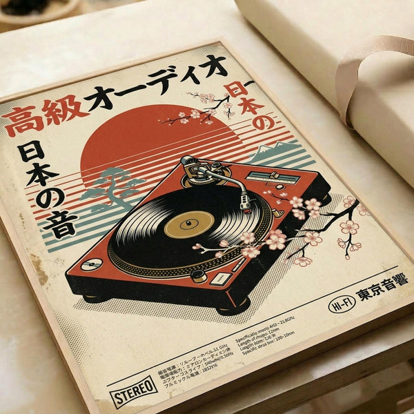 May include: Vintage-style poster print featuring a retro turntable with cherry blossom branches against a red sun and striped background, displayed on white paper with Japanese text. The design uses warm orange, teal, and cream colors in a worn, weathered aesthetic. Shown on a light wooden surface next to rolled white papers.