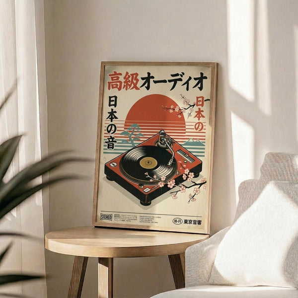 May include: Framed vintage-style Japanese poster featuring red turntable with vinyl record against sunset backdrop with cherry blossoms and mountains, displayed on round wooden side table next to beige upholstered chair with plant leaves visible in bright, minimalist room setting