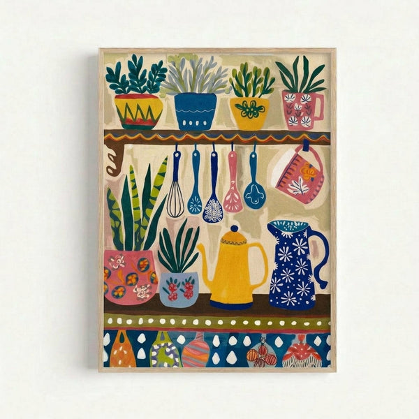 Colorful folk art illustration featuring kitchen items arranged on shelves. Top shelf displays four potted plants in decorative containers with geometric patterns in yellow, blue, orange and pink. Middle area shows hanging utensils including whisks and spoons, plus two planters and ceramic vessels including a yellow teapot and blue pitcher with white snowflake design. Bottom shelf partially visible with patterned items. Artwork has hand-painted style with bold colors and traditional folk motifs,