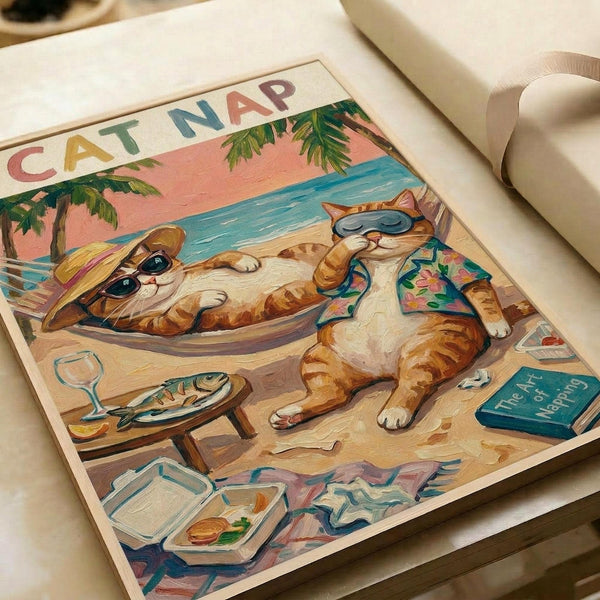Colorful illustrated poster showing two orange tabby cats relaxing on a tropical beach. One cat wears sunglasses and a sun hat while lying in a hammock, the other wears a Hawaiian shirt and sunglasses while lounging on sand. Scene includes palm trees, turquoise ocean, pink sunset sky, scattered books, takeout containers, and a wine glass. The word "CAT NAP" appears at the top in rainbow letters. Vintage-style artwork with warm peachy and blue tones, shown flat against white paper background.