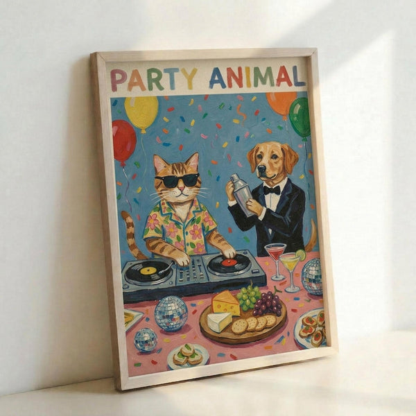Framed colorful poster artwork showing a cat wearing sunglasses and Hawaiian shirt DJing at turntables while a golden retriever in black tuxedo and bow tie serves cocktails. Blue background with balloons and confetti, party table with cheese platter, disco balls, and drinks. Light wood frame leaning against white wall.