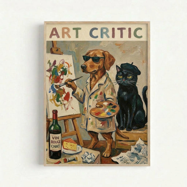 A framed vintage-style poster showing a brown dog wearing sunglasses and a paint-splattered white coat, holding a paintbrush and palette while standing next to an easel with a colorful abstract painting. A black cat with a beret sits beside the dog. The scene includes art supplies, a wine bottle labeled "VIN ROUGE CHAT," cheese, and scattered papers on the floor. The words "ART CRITIC" appear at the top in multicolored letters against a cream background.