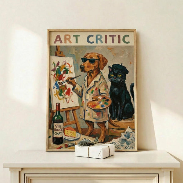 May include: Framed poster showing a brown dog wearing sunglasses and artist's smock, holding paintbrush and palette, standing next to easel with colorful abstract painting. Black cat with beret sits nearby. Wine bottle labeled "Vin Rouge Chat" and cheese visible on floor. Text "ART CRITIC" appears at top in multicolored letters. Light wood frame displayed on white shelf with small wrapped gift.