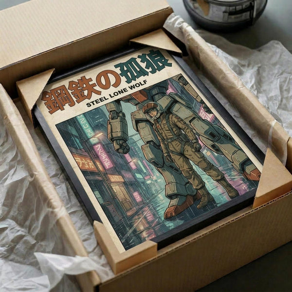 May include: Framed poster print featuring a futuristic mech warrior in powered armor standing in a cyberpunk cityscape with neon signs and rain-soaked streets. The artwork shows muted teal, pink and brown tones in an illustrated comic book style. The frame sits in an open cardboard shipping box with white tissue paper padding, displayed on a white surface next to wooden dowels.