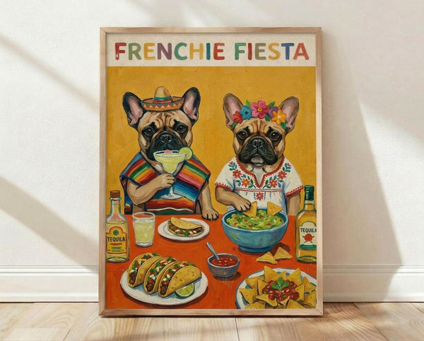 May include: Framed poster print leaning against white wall on light wooden floor. Artwork shows two French bulldogs in colorful Mexican attire - one wearing striped serape and sombrero holding margarita, other in embroidered white top with flower crown. Orange background with festive Mexican food spread including tacos, guacamole, nachos, salsa, and tequila bottles on table.