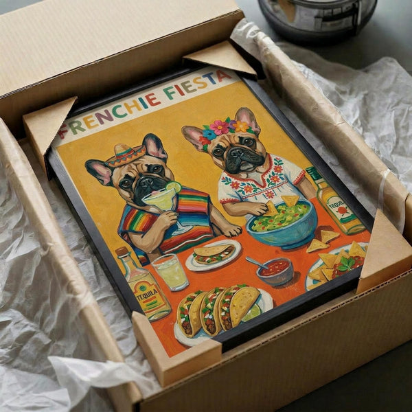 May include: Framed poster print in brown cardboard shipping box with protective wrapping. Colorful illustration shows two French Bulldogs in Mexican attire - one wearing striped poncho with lime, another in floral headband and embroidered top. Orange and yellow background features tacos, guacamole bowl, tequila bottle, margarita glass, and tortilla chips scattered around the festive scene.