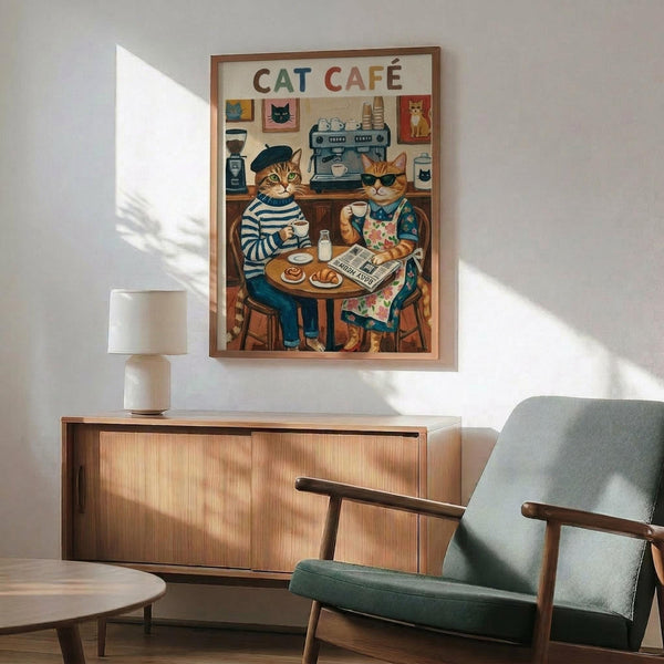 May include: Framed cat café poster showing two anthropomorphic cats in human clothing sitting at a small round table with coffee cups and pastries. One wears a striped shirt and beret, the other an apron. Behind them is a coffee machine and cat portraits on the wall. The vintage-style illustration hangs above a mid-century modern wooden credenza with a white ceramic lamp, next to a sage green upholstered armchair with wooden frame.