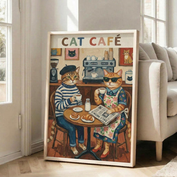 May include: Framed vintage-style poster showing two anthropomorphic cats in a cozy café setting. One tabby cat wears a striped shirt and beret, the other an orange cat in floral dress and sunglasses. They sit at a small round table with coffee cups, pastries, and newspaper. Background features espresso machine, coffee grinder, and cat artwork on walls. Colorful "CAT CAFÉ" text at top. White frame leans against beige wall next to gray upholstered chair in bright, airy room with large windows.