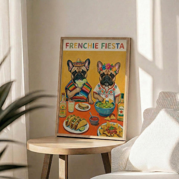 May include: Framed poster print displayed on light wood round side table next to beige upholstered chair. Artwork shows two French bulldogs in colorful Mexican attire sitting at orange table with tacos, guacamole, and tequila bottles. Yellow background with festive text. Natural lighting creates soft shadows on white wall. Plant leaves visible in corner.