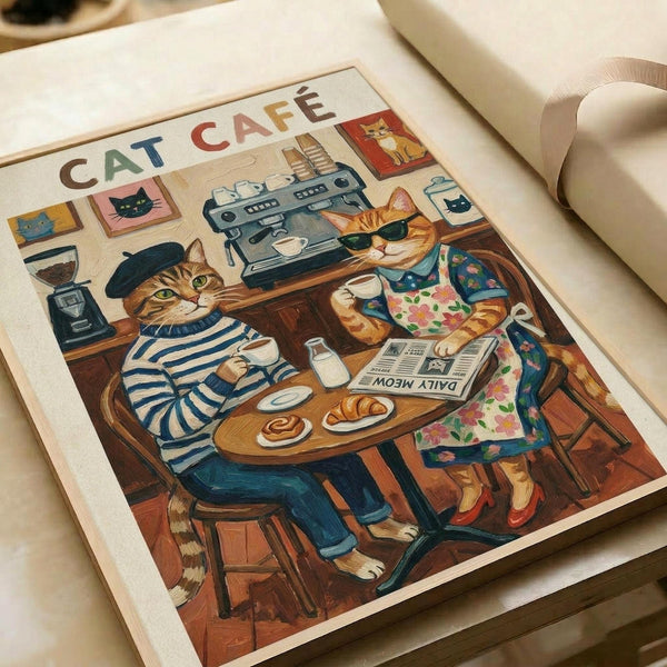 May include: Vintage-style poster print featuring two anthropomorphic cats in a cozy café setting. One tabby cat wears a black beret and striped shirt, sitting across from an orange cat in a floral dress. They share coffee and pastries at a small round table with an espresso machine in the background. Cat portraits hang on cream walls. The artwork has warm, muted tones and appears mounted on cream paper against a beige surface.