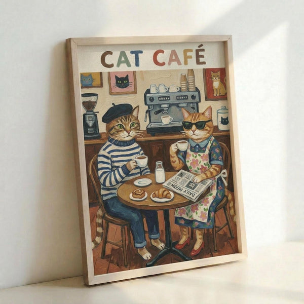 Framed poster showing two anthropomorphic cats sitting at a small round table in a cozy café setting. One tabby cat wears a black beret, striped shirt and jeans, while an orange cat sports sunglasses and a floral apron. They're enjoying coffee and pastries with a newspaper on the table. Behind them, an espresso machine sits on a wooden counter with a coffee grinder nearby. Cat portrait artwork hangs on the cream-colored walls. The illustration has warm, inviting colors in a whimsical, detailed a