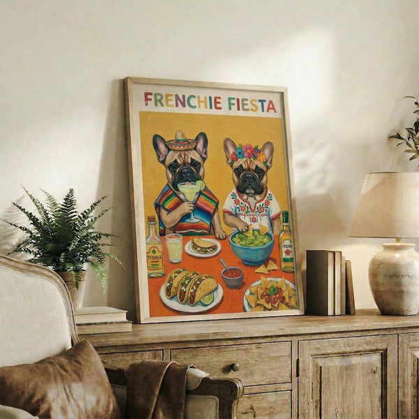 May include: Framed poster artwork displayed on rustic wooden credenza featuring two French bulldogs in colorful Mexican attire enjoying a feast with tacos, guacamole, and tequila bottles on vibrant yellow and orange background. Room scene shows neutral walls, fern plant, ceramic vase, books, and beige upholstered furniture creating cozy home decor setting.