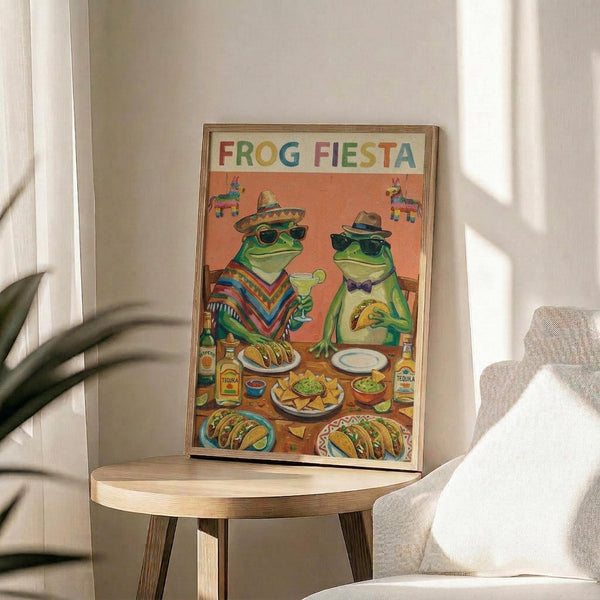 May include: Framed poster showing two cartoon frogs wearing sombreros and sunglasses at a Mexican feast with tacos, margaritas, and colorful piñatas. The artwork features vibrant orange background with multicolored "FROG FIESTA" text. Natural wood frame sits on round wooden side table next to beige upholstered chair with white throw pillow. Soft natural lighting creates shadows on white wall, with plant leaves visible in corner.