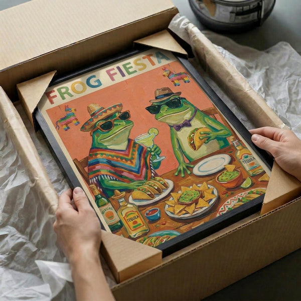 May include: Hands holding framed poster showing two cartoon frogs in Mexican attire celebrating with tacos, tequila and festive food. Colorful illustration features green frogs wearing sombreros and ponchos against orange background with "FROG FIESTA" text in rainbow letters. Black frame being unpacked from brown shipping box with protective wrapping materials on white surface.